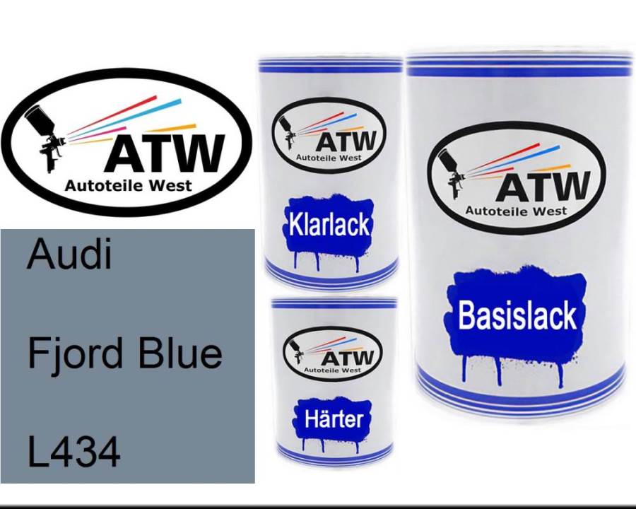 Audi, Fjord Blue, L434: 500ml Lackdose + 500ml Klarlack + 250ml Härter - Set, von ATW Autoteile West.